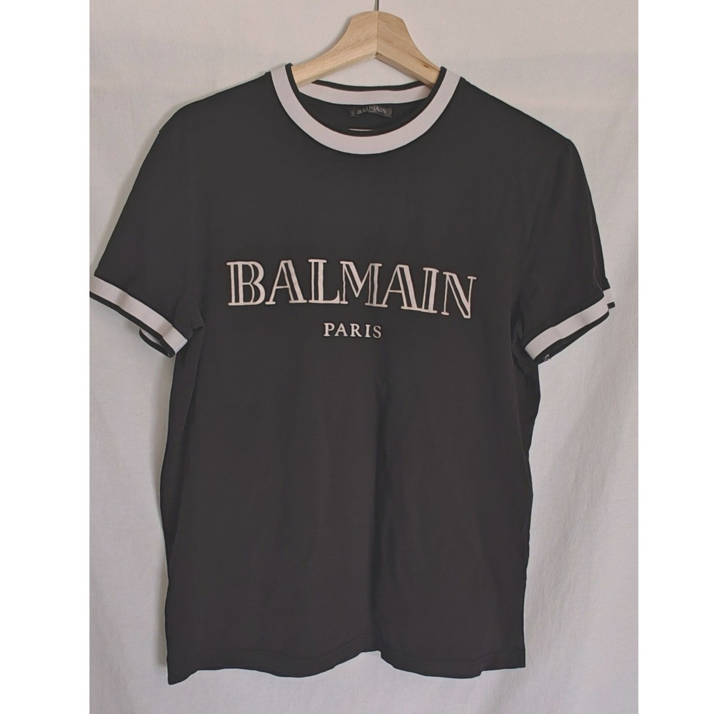Balmain Ringer Tee Crew Neck Short Sleeve Black White Logo Medium M Cotton